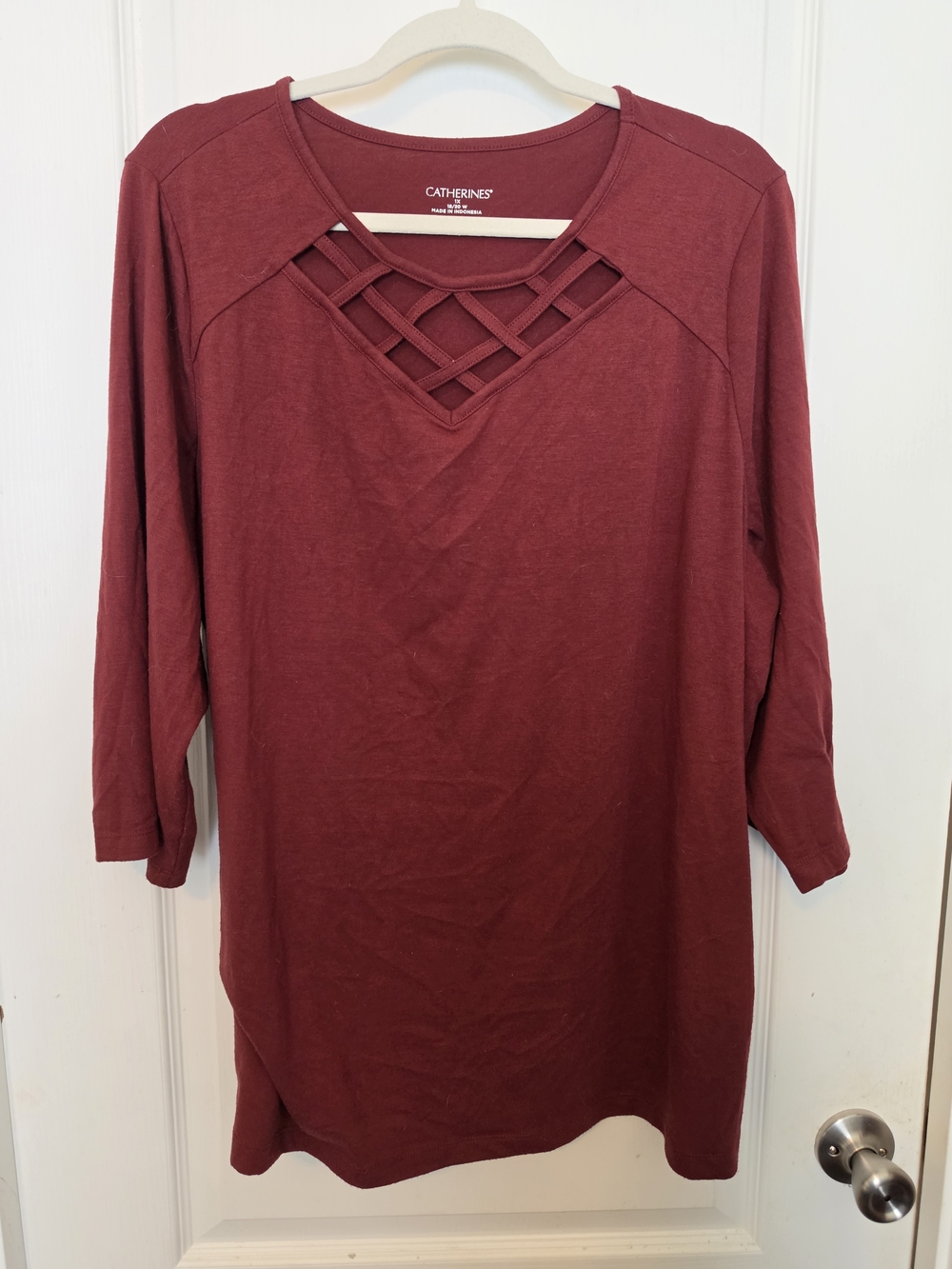Catherines Burghandy Lattice-Front Long Sleeve Top